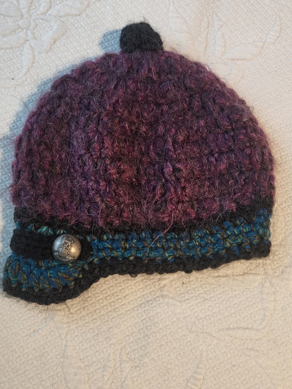 Handcrafted Purple Knit Pom Hat with Teal Trim and Button Detail